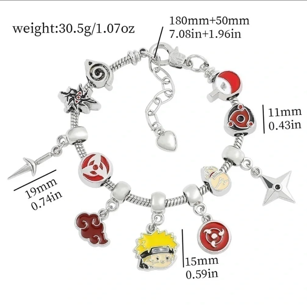 Silver Plated Naruto Shippuden Anime Themed Charm Bracelet Adjustable Sizing